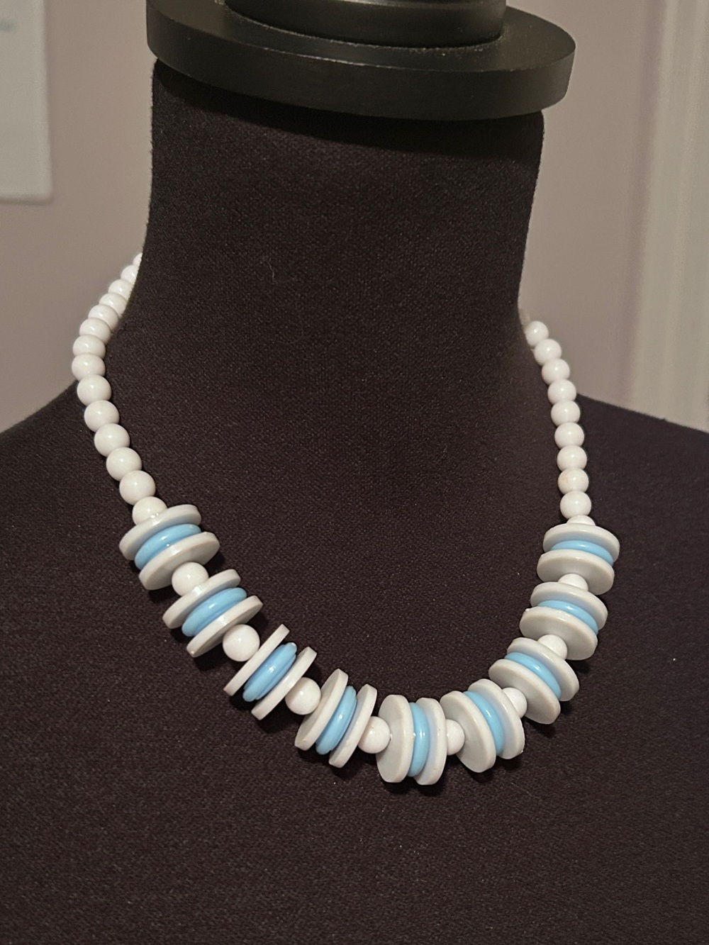 Vintage White and Light Blue Beaded Disc Necklace - Women Jewelry